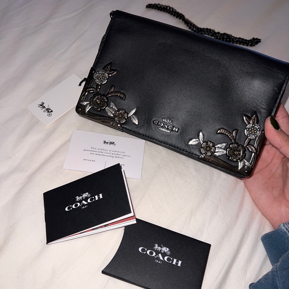 NWT black leather Coach purse